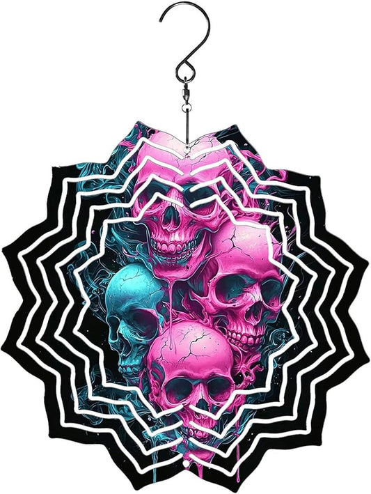 8 Inch Sublimation Wind Spinner, 3D Aluminum Metal Wind Spinner with Hook, Indoor Yard Garden Hanging Decoration, Weather Resistant Rotating Spiral Ornament, Neon Color Skulls