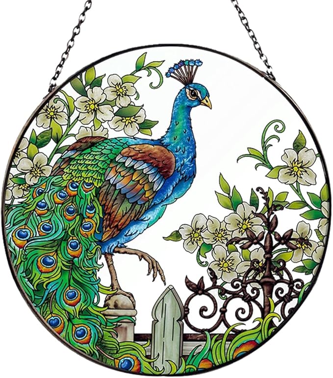 Zayookey Stained Glass Suncatchers Peacock Art Window Hangings Panel Colorful Hand Painted Suncatcher for Outdoor Garden Indoor Window Wall Decor