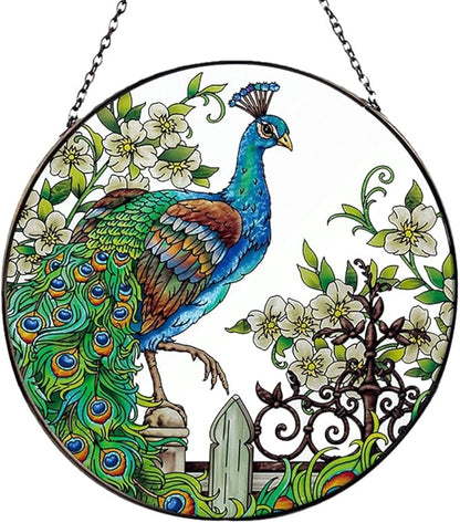 Zayookey Stained Glass Suncatchers Peacock Art Window Hangings Panel Colorful Hand Painted Suncatcher for Outdoor Garden Indoor Window Wall Decor