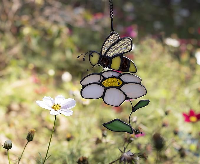 Bee Suncatcher Flower Stained Glass Window Hangings, Bees Decor Party Birthday Bee Gifts for Women,Bee Lovers, Housewarming Gifts.