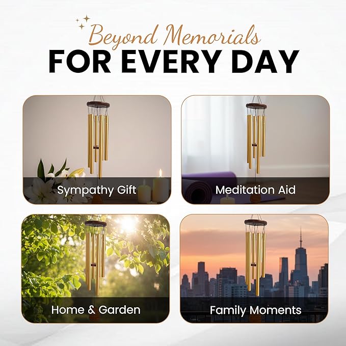 Memorial Wind Chimes for Outside Clearence - Teardrop Pendant, Deep Toned Aluminum Tubes & Pine Wood, Sympathy Gift for Loss, Letter from Heaven & Keepsake Keychain, Garden Porch Decor - Gold