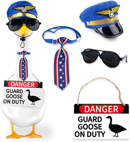 CAMDUCK 4 Pcs Porch Goose Accessories Porch Goose Sign Air Force Hat Eyeglasses Necktie Wooden Danger Guard Goose on Duty Warning Sign Goose Outfits Decor for Yard Porch Lawn