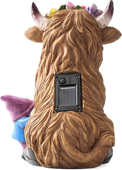 TOLIMI Garden Lantern Statues Resin Highland Cow with Gnome Outdoor Solar Light Decor Funny Decorations for Yard and Patio Gifts