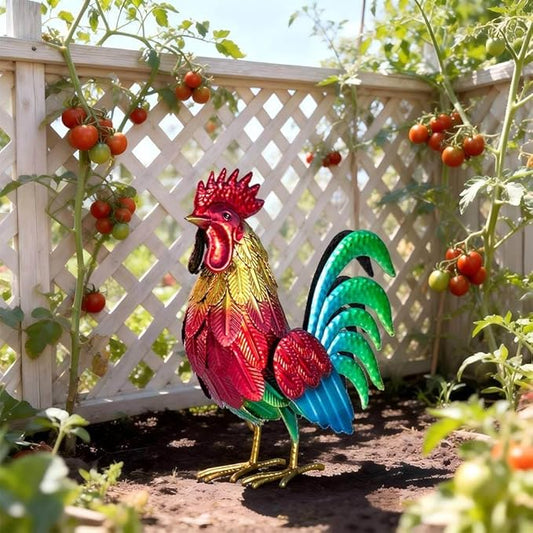 Natelf Metal Rooster Garden Statue Decor, Chicken Yard Art Standing Sculpture Lawn Ornament for Patio, Backyard, Kitchen, Home Decoration (red)