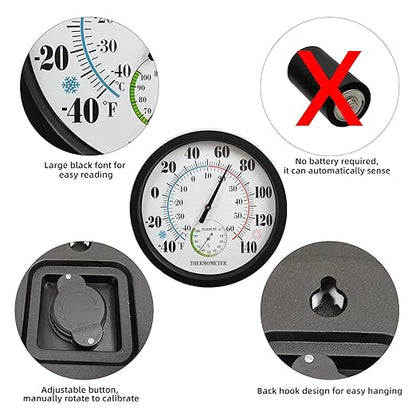 Indoor Outdoor Thermometer Large Numbers 12 Inch Wall Weather Thermometer Hanging Garden Decor Hygrometer No Battery Needed (Black)