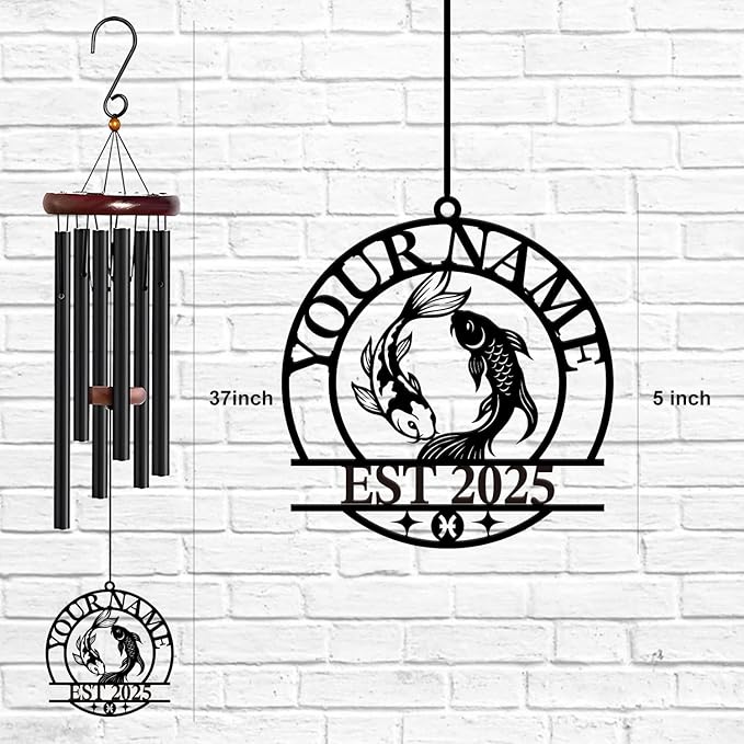 Personalized Customize Name 12 Zodiac Signs Wind Chime, Metal Iron 37 Inch Outdoor Memorial Gift for Garden Yard Patio Home Decor, Black (Pisces)