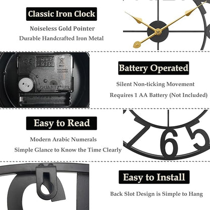 Large Outdoor Clock Battery Operated, Modern Black Farmhouse Decorative Wall Clock for Living Room, Kitchen, 20 Inch Metal Outdoor Clock for Patio, Pool Area, Garden, Deck