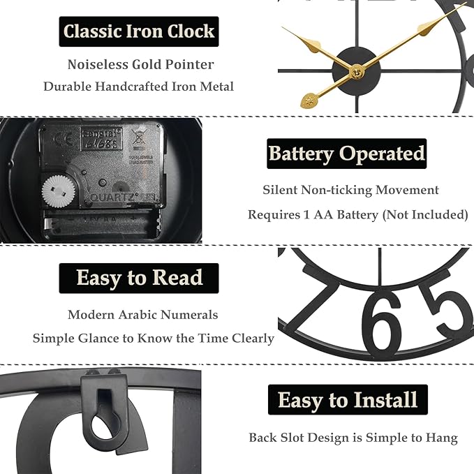 Large Clock, 24 Inch Wall Clock Battery Operated, Modern Black Metal Decorative Outdoor Clock for Patio, Pool Area, Kitchen, Garden, Deck, Farmhouse, Living Room