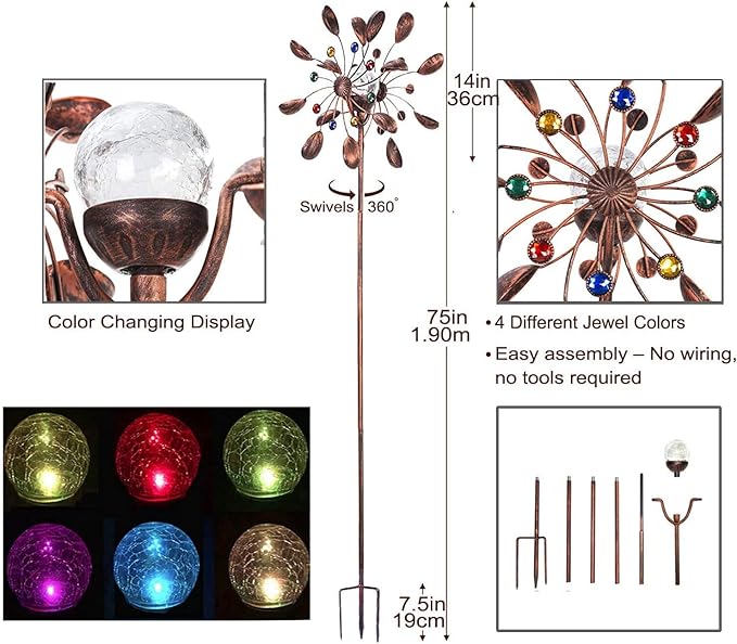 Solar Wind Spinner Multi-Color LED Lighting by Solar Powered Glass Ball with Kinetic Wind Aculptures Dual Direction Decorative Lawn Ornament Wind Mill.
