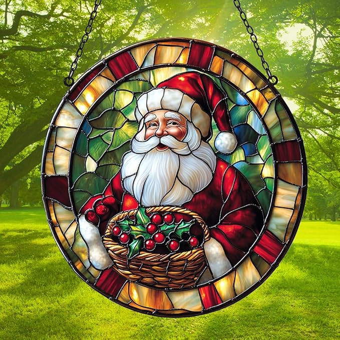 Santa Claus Acrylic Suncatcher Stained Glass Effect Window Car Hanging Christmas Ornament Indoor Outdoor Decor Garden Sun Catcher Panel for Christmas Lover for Women Mom Grandma
