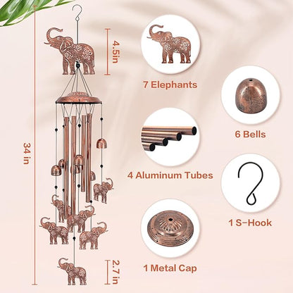 Elephant Wind Chimes Outdoor Elephant Gifts for Women/Men/Mom/Grandma/Wife Birthday Gifts Memorial Gift Metal WindChimes for Outside/Indoors, Home, Lawn, Porch, Patio, Garden Decor, Yard Decorations