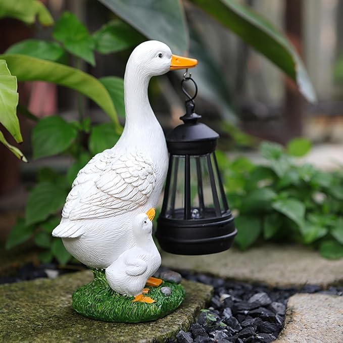 Garden Duck Statue with Solar Lantern, 7.7 Inches Resin White Duck Figurines Light Yard Art Sculpture Outdoor Decor for Patio Lawn Backyard Porch Ornaments