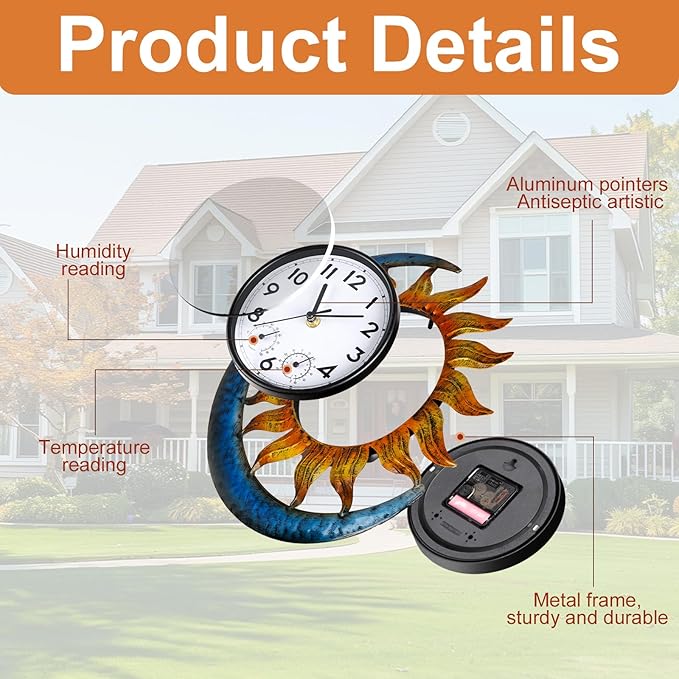 shumi Sun and Moon Outdoor Clock, Decorative Wall Clock for Patio Living Room,Silent Non-Ticking Outdoor Clock Thermometer Combo