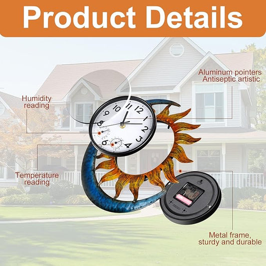 shumi Sun and Moon Outdoor Clock, Decorative Wall Clock for Patio Living Room,Silent Non-Ticking Outdoor Clock Thermometer Combo