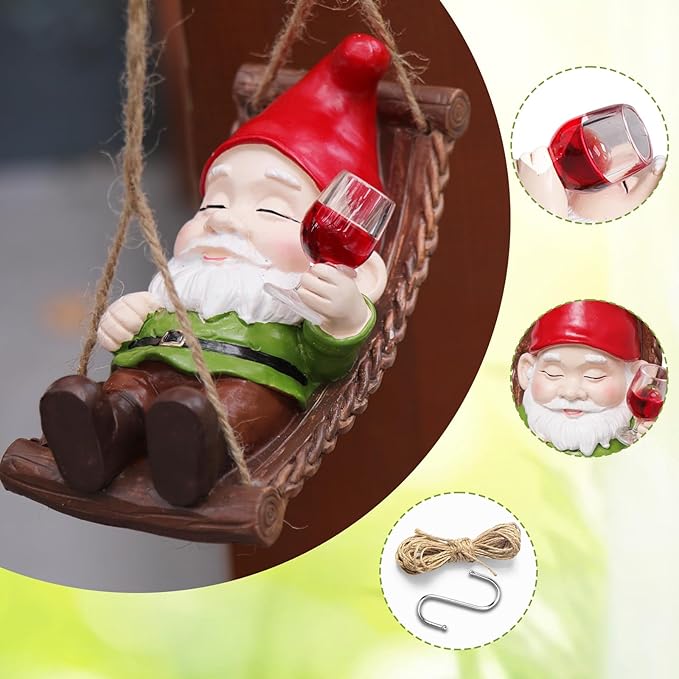 Funny Gnome Garden Hanging Decor, Cute Wine Drinking Gnome on Hammock Figurine for Outdoor Patio, Fence, Balcony, Porch & Garden Gift