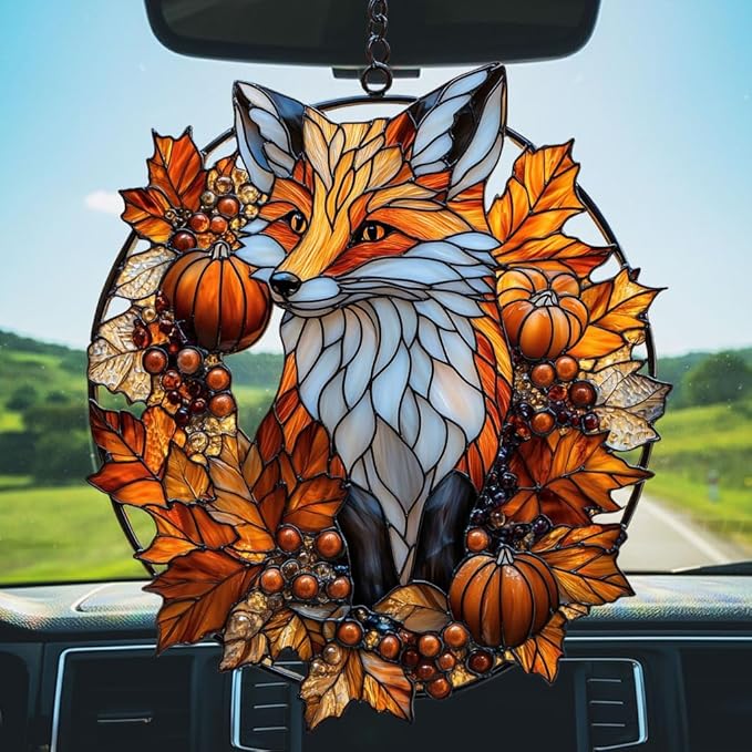 Autumn Cute Fox Acrylic Suncatcher Stained Glass Effect Window Car Hanging Christmas Ornament Indoor Outdoor Decor Garden Sun Catcher Panel for Fox Lover for Women Mom Grandma