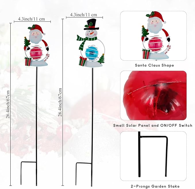 Christmas Solar Garden Lights, 27" H Snowman & Santa Claus Solar Stake Light, 2 Pack Outdoor Statues Figurine Lights for Xmas Holiday Lawn Patio Yard Decoration