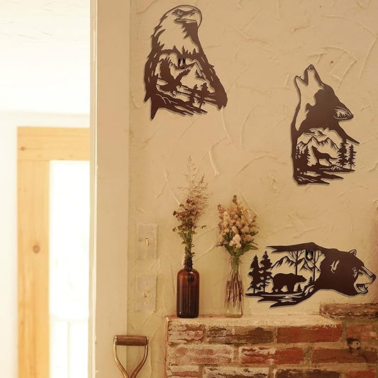 J-Fly Metal Bear Wall Decor Eagle Wall Decor Wildlife Wall Art Rustic Cabin Decor Laser Cut Bear and Wolf Eagle For Living Room Valentine Bathroom etc Indoor & Outdoor Decor 3 Pack