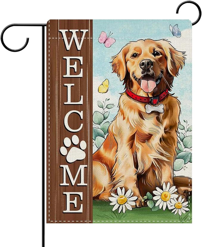 Dyrenson Welcome Golden Retriever Dog Decorative Garden Flag, Paw Prints Yard Outside Home Decoration Pet Owner Lover Gift, Spring Summer Burlap Outdoor Small Decor Double Sided 12 x 18