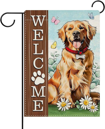 Dyrenson Welcome Golden Retriever Dog Decorative Garden Flag, Paw Prints Yard Outside Home Decoration Pet Owner Lover Gift, Spring Summer Burlap Outdoor Small Decor Double Sided 12 x 18
