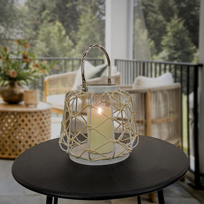 Lantern Candleholder, Woven Rope Construction, Glacier Gray, Modern Design and Finish, Includes Metal Handle, 10 Inches
