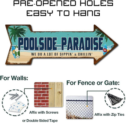 Mukuko Poolside Paradise Rustic Looking Arrow Tin Metal Sign Outdoor Pool Hot Tub Tiki Backyard Sign Gift 6" x 18"