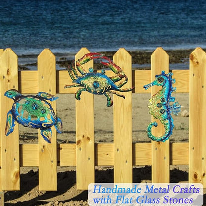 Weibefee Metal Sea Turtle Seahorse Crab Beach Themed Bathroom Wall Art Mother's Day Decor, Ocean Themed Wall Mother's Day Decorations Gift for Home Bathroom,10 Inch, Set of 3…