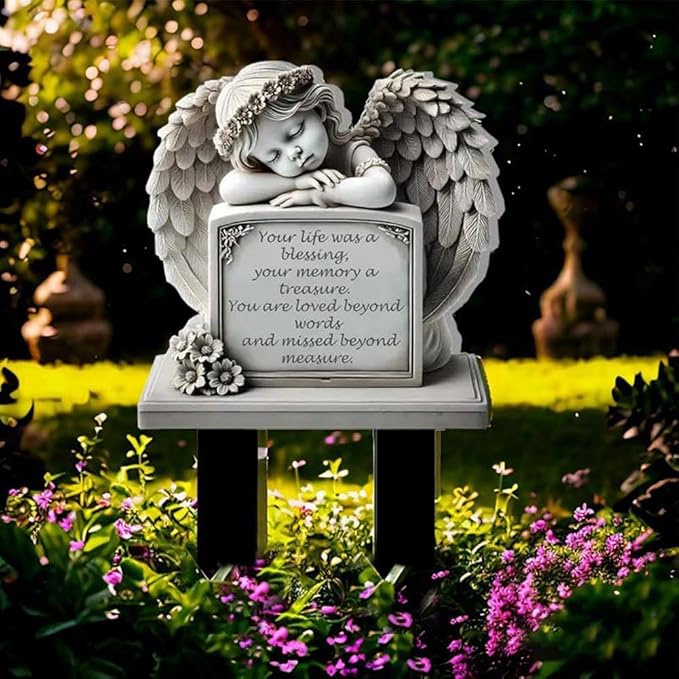Garden Angel Statue, Angel Tombstone Commemorative Plaque, Memorial Plaque with Sleeping Angel Garden Statue, Sympathy Gift Human Memorial Gifts, in Memory of Loved One, Bereavement Gifts