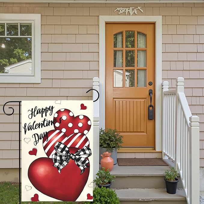 Valentines Day Garden Flag 12x18 Double Sided Happy Valentine’s Day Yard Banner with Red Hearts Polka Dot & Striped Love Heart Buffalo Plaid Bow Romantic Outdoor Decor for Porch Lawn Patio