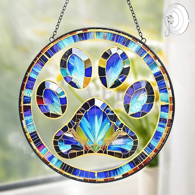 Dog Cat Paw Print Suncatcher Stained Glass Window Hanging - Handmade Dog Paw Suncatchers for Windows Hanging - Sun Catchers Indoor Wall Decor Glass Panel Memorial Catcher Remembrance Birthday Gift