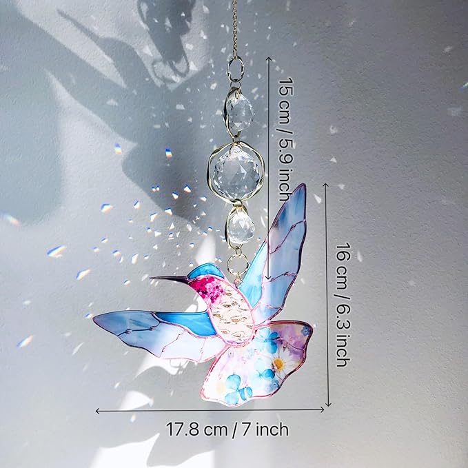 Blue Acrylic Hummingbird Flowers Garden Suncatcher Christmas Tree Window Hanging Home Decor Ornaments Crystal Prism Rainbow Maker Sun Catcher Appreciation Gifts for Mom Grandma Sister