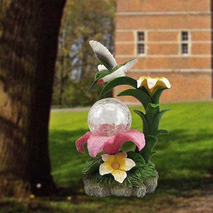 Eletina Resin Hummingbird Solar Light with Flower Garden Decorations,Waterproof Statues and Figurines Light Garden Art for Patio Lawn Yard Decorations (Resin Hummingbird Solar2)