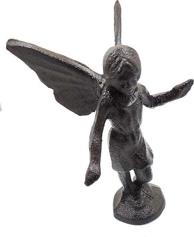 Rustic Cast Iron Standing Playful Angel or Fairy Statue Figurine