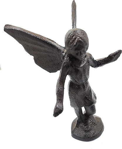 Rustic Cast Iron Standing Playful Angel or Fairy Statue Figurine