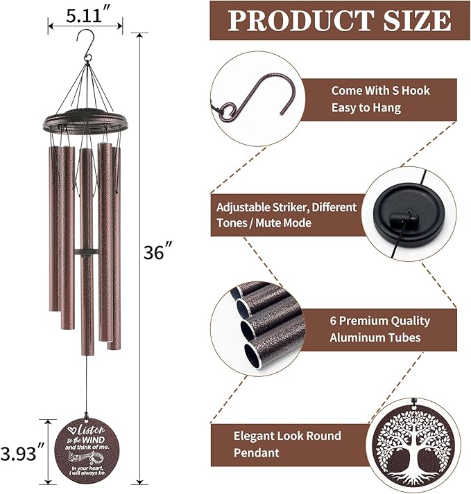 Sympathy Wind Chimes Loss Loved One, Memorial Gift for Loss of Mother Father Husband Condolence Remembrance, Best Sympathy Gift (Bronze, 36'')