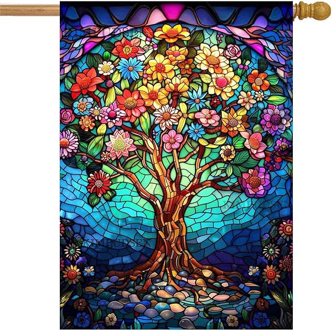 Floral Tree of Life House Flag 28x40 Inch Double Sided Outside, Stained Glass Spring Summer Large Burlap Yard Flag Double Sided Outdoor Decoration