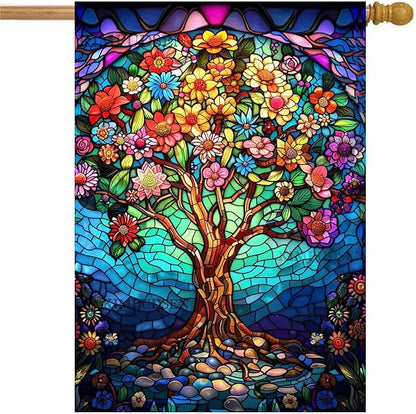 Floral Tree of Life House Flag 28x40 Inch Double Sided Outside, Stained Glass Spring Summer Large Burlap Yard Flag Double Sided Outdoor Decoration