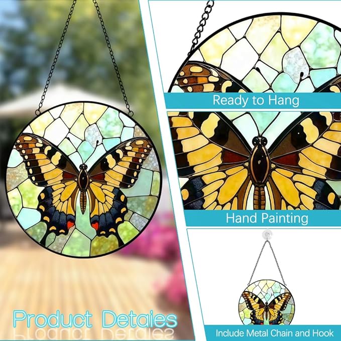 Butterfly Sun Catchers Indoor Window - 8 Inch Stained Glass Window Hanging - Stained Glass Suncatcher - Suncatchers for Windows Hanging - Decoration for Home Garden Mother's Day Birthday Gifts for Mom