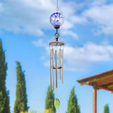 Exhart Wind Chimes, Solar LED Outdoor Garden Lighting, Blue Glass and Metal Wind Chime Lawn and Yard Decoration with Bronze Metal Finial, 5 x 46.5 Inch