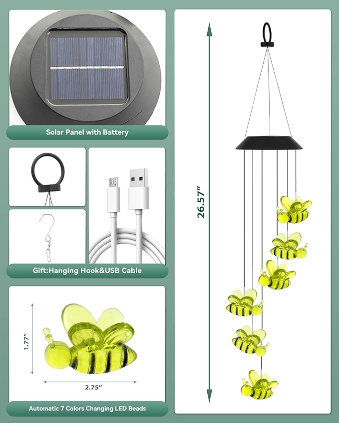 DOUBLEZHE Solar Wind Chimes for Outside, Color Changing Bee Wind Chimes Outdoor Clearance, Birthday Gifts for Mom Women Grandma Wife Girls, Unique Garden Decor Colorful Patio, Balcony Yard Decoration