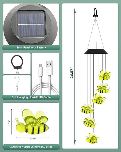 DOUBLEZHE Solar Wind Chimes for Outside, Color Changing Bee Wind Chimes Outdoor Clearance, Birthday Gifts for Mom Women Grandma Wife Girls, Unique Garden Decor Colorful Patio, Balcony Yard Decoration