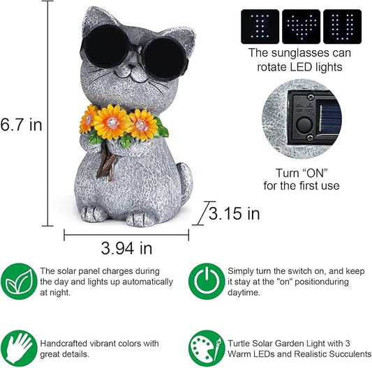 Solar Garden Statues Cat with Daisy and LED Lights Birthday Gifts for Women Mom Grandma Solar Outdoor Decor for Patio Backyard Yard Lawn Decoration-Unique Housewarming Gifts