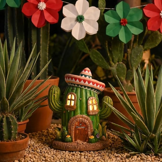 TERESA'S COLLECTIONS Garden Decor, Cactus Fairy House Cinco de Mayo Decor, Waterproof Resin Garden Statue, Cinco de Mayo Gift, Garden Gift, Indoor/Outdoor, 7.5"