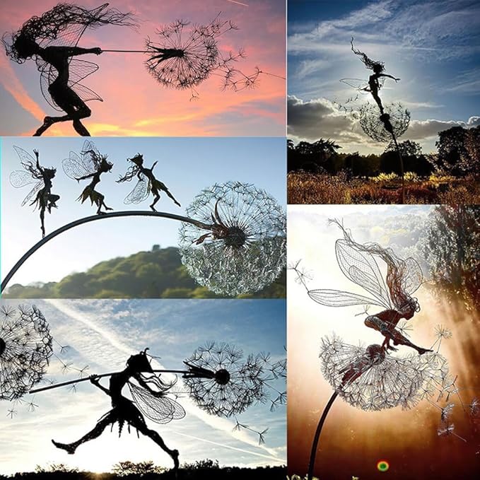 Fcteap Flower Fairy Dancing with Dandelion Garden Art Sculpture Stainless Steel Statue Christmas Halloween Decoration for Outdoor Yard Courtyard Lawn Patio Metal Ornaments (Hurdle)