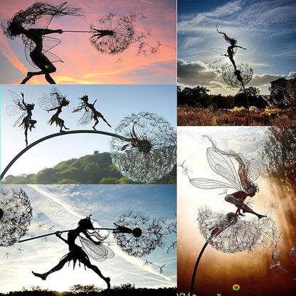 Fcteap Flower Fairy Dancing with Dandelion Garden Art Sculpture Stainless Steel Statue Christmas Halloween Decoration for Outdoor Yard Courtyard Lawn Patio Metal Ornaments (Hurdle)