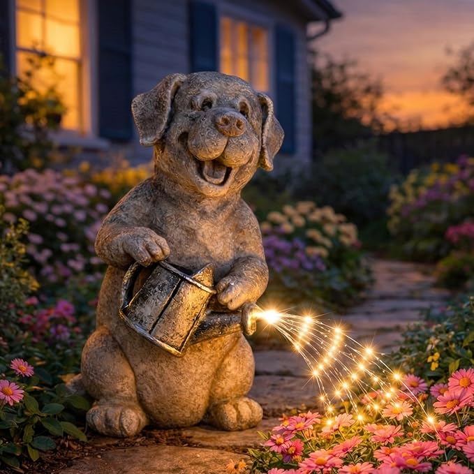 Lavezee Garden Dog Statue with String Lights, Puppy Garden Statue Outdoor for Patio Lawn Porch Walkway, Ideal Gifts for Dog Lovers Women Mom Grandma