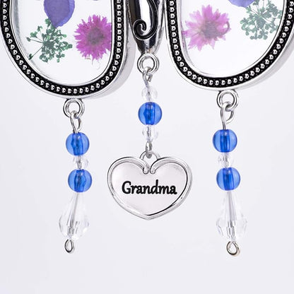 Laraine Butterfly Suncatcher with Pressed Flower Wings Mom Mother's Day Butterfly Glass Wind Chime Ornament Charm with Metal Heart Gifts for Mom Grandma Birthday (Purple Grandma (with Free Hook)