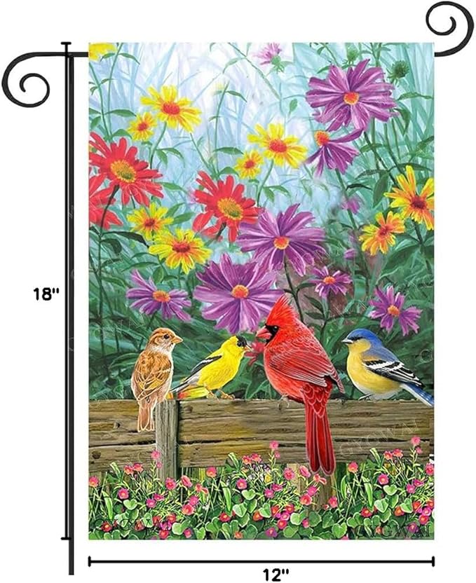 Spring Cardinal Garden Flag Floral 12x18 Double Sided, Birds Flower Small Burlap Yard House Seasonal Outside Outdoor Decoration