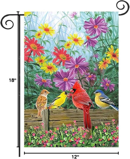 Spring Cardinal Garden Flag Floral 12x18 Double Sided, Birds Flower Small Burlap Yard House Seasonal Outside Outdoor Decoration