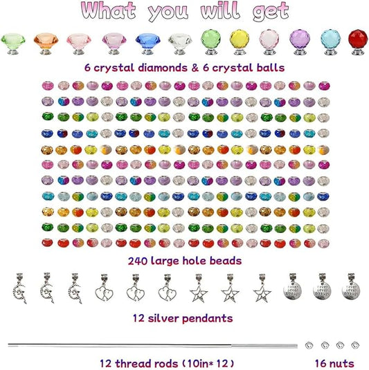 290Pcs Beaded Garden Stakes Kit - DIY Fairy Wand Garden Stake Beads Kit with 240 Colorful Large Hole Beads, Fairy Garden Accessories Outdoor for Different Festivals (6Diamonds & 6Balls)